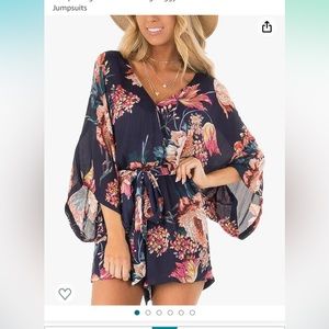 Bonkwa Women's Rompers V Neck Floral Print, High Waist, Short Jumpsuits - Size M